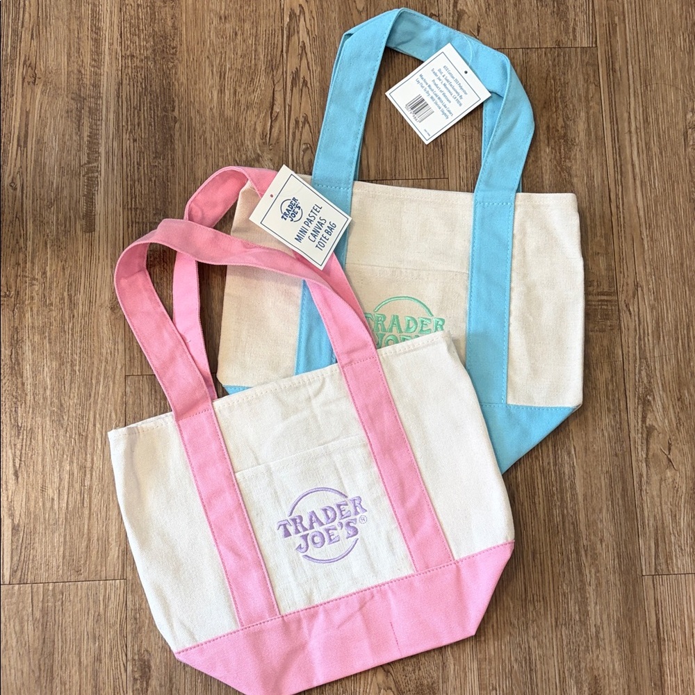 TRADER JOE’S Mini Pink and Blue Canvas Tote Bag Set NWT 13”x 11”